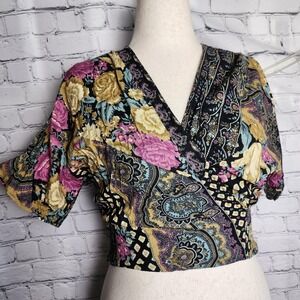 M/L chic floral paisley patchwork faux wrap crop top, elastic sided waist